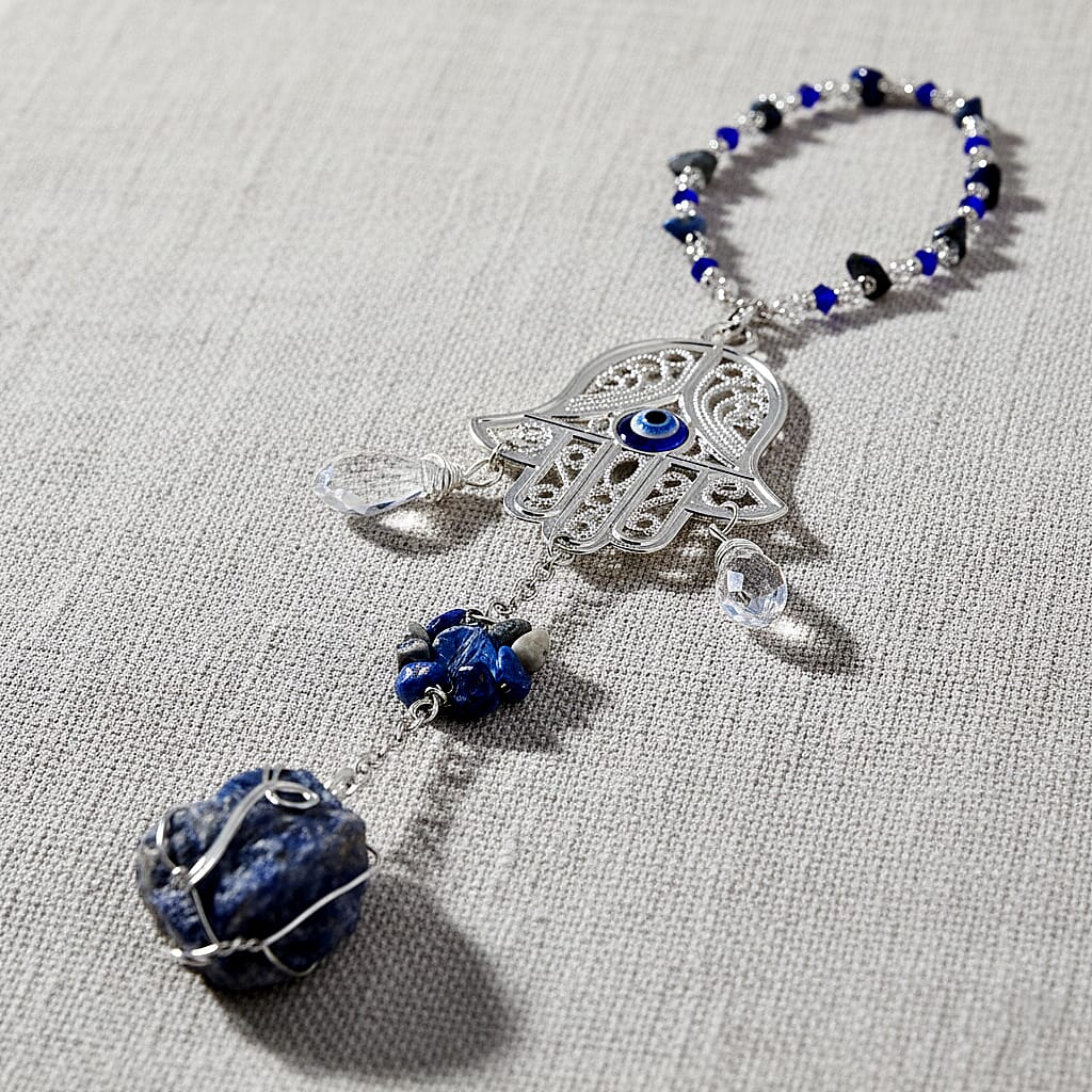 Multi Colour Glass Hamsa Hanging Decoration in Silver Tone