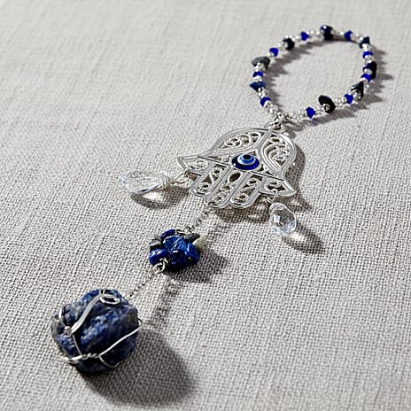 Multi Colour Glass Hamsa Hanging Decoration in Silver Tone