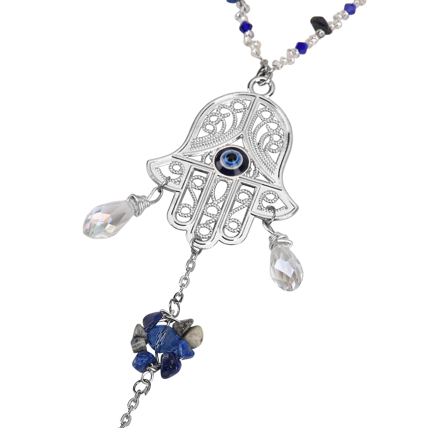 Multi Colour Glass Hamsa Hanging Decoration in Silver Tone