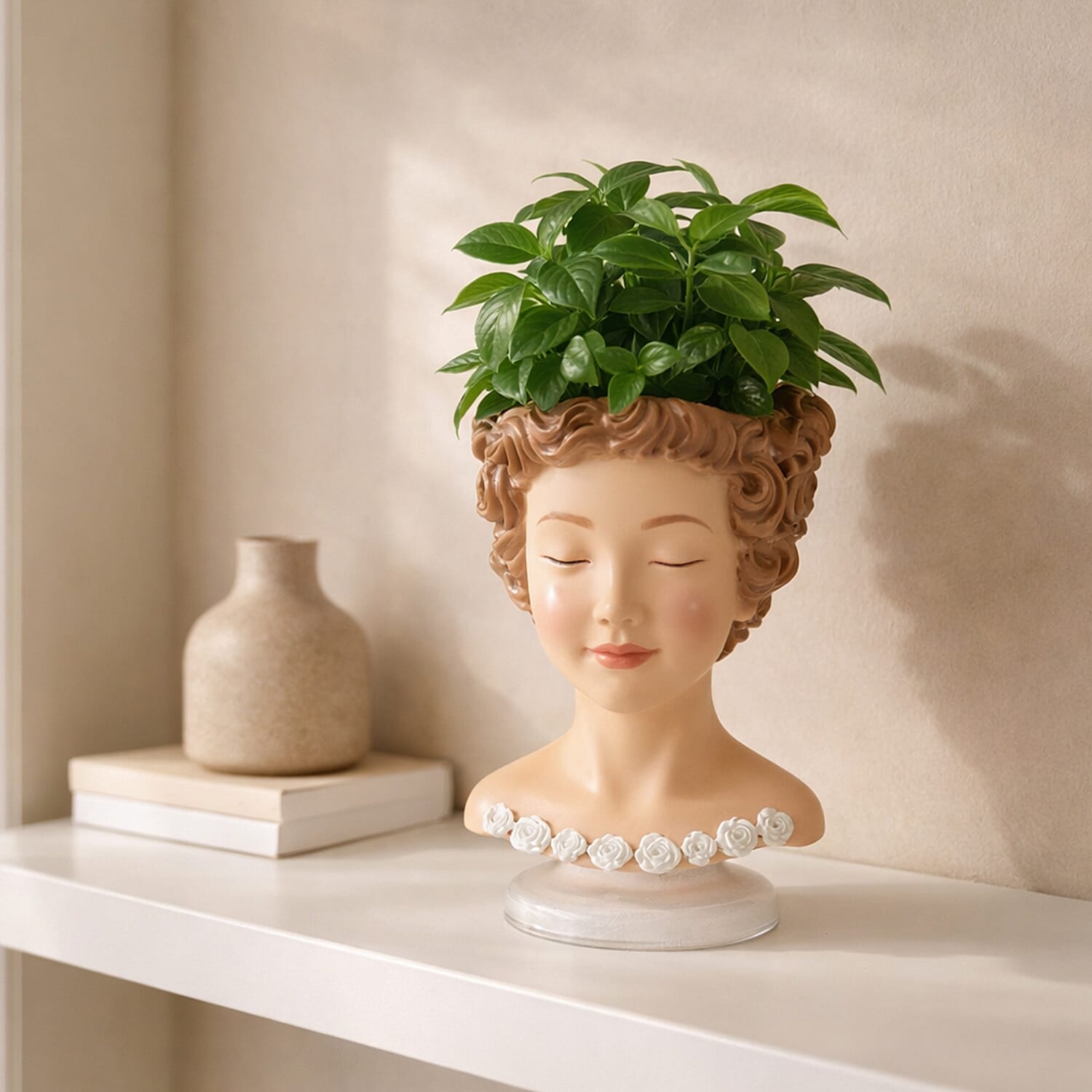 LIVMORE Lady Head Planter with Brown Hair (15 x 15 x 25 cm).
