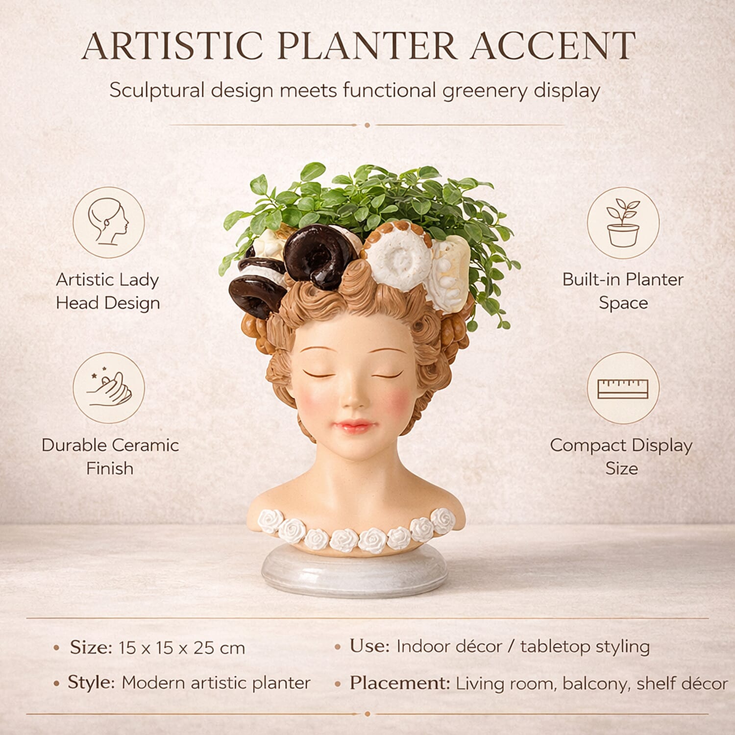 LIVMORE Lady Head Planter with Brown Hair (15 x 15 x 25 cm).