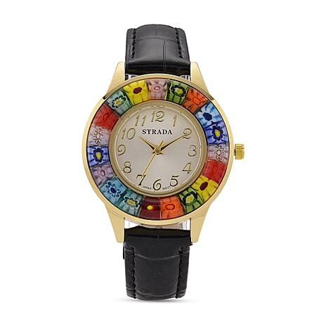 STRADA Murano Style Glass Ring PC21S Japanese Quartz Movt. Gold Plated Watch with White Dial and Black Leather Strap
