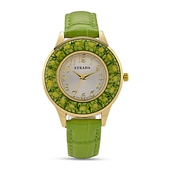 STRADA Murano Style Glass Ring PC21S Japanese Quartz Movt. Gold Plated Watch with White Dial and Green Leather Strap