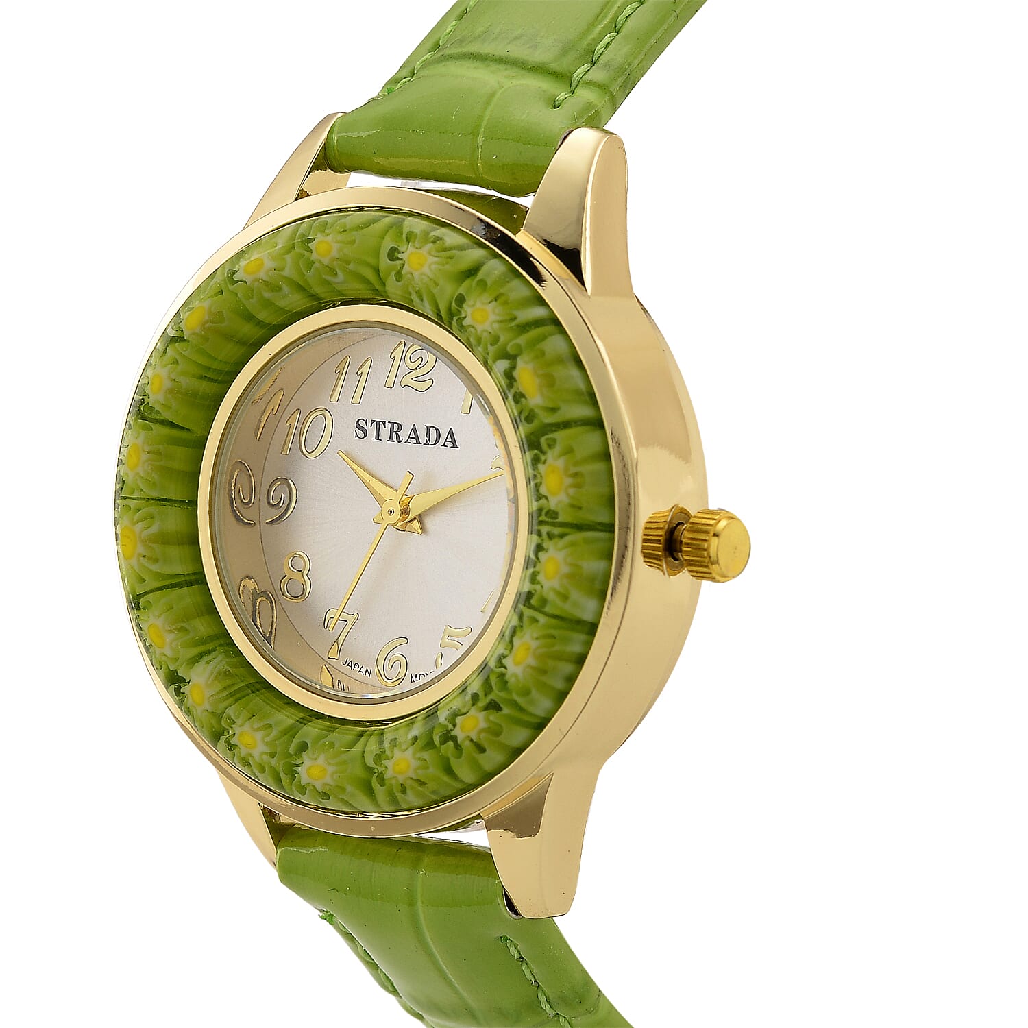 STRADA Murano Style Glass Ring PC21S Japanese Quartz Movt. Gold Plated Watch with White Dial and Green Leather Strap