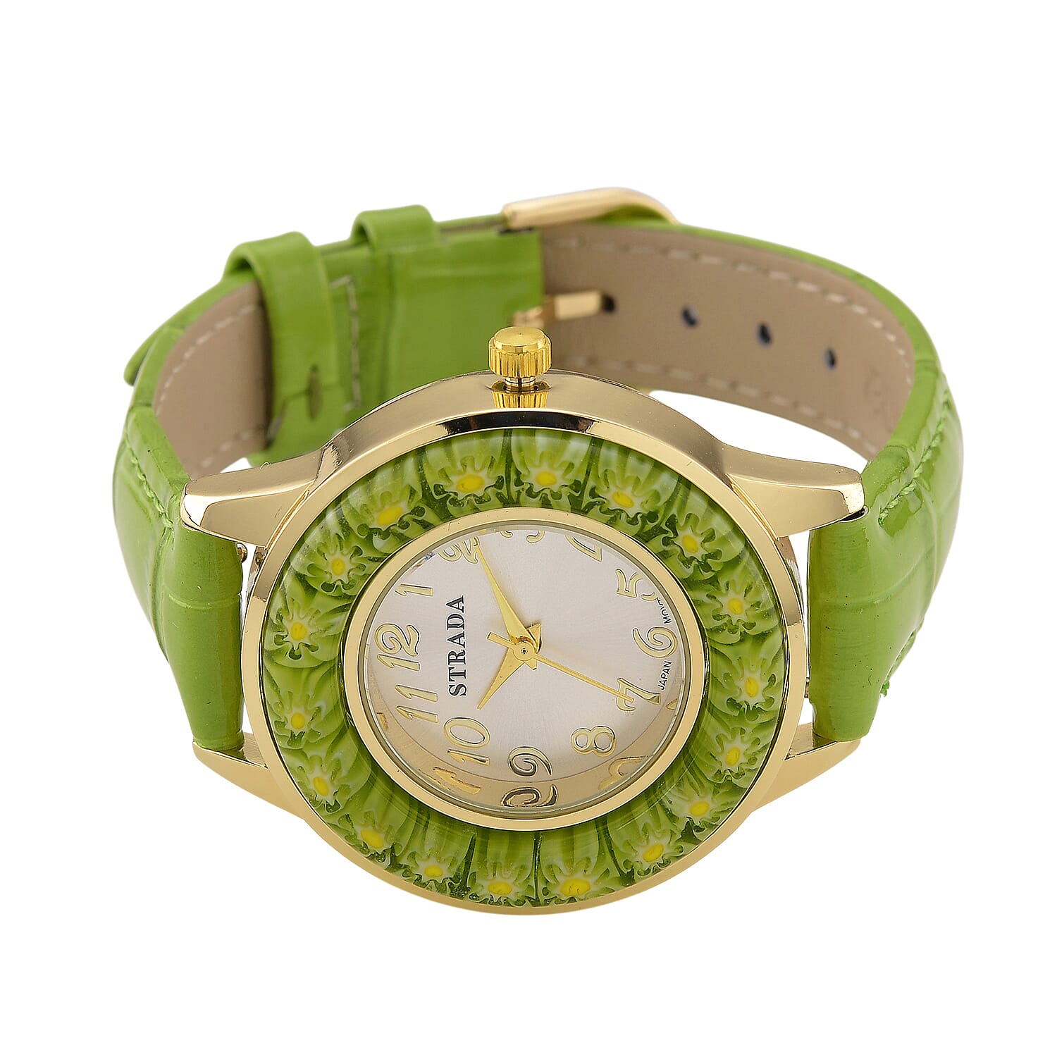 STRADA Murano Style Glass Ring PC21S Japanese Quartz Movt. Gold Plated Watch with White Dial and Green Leather Strap