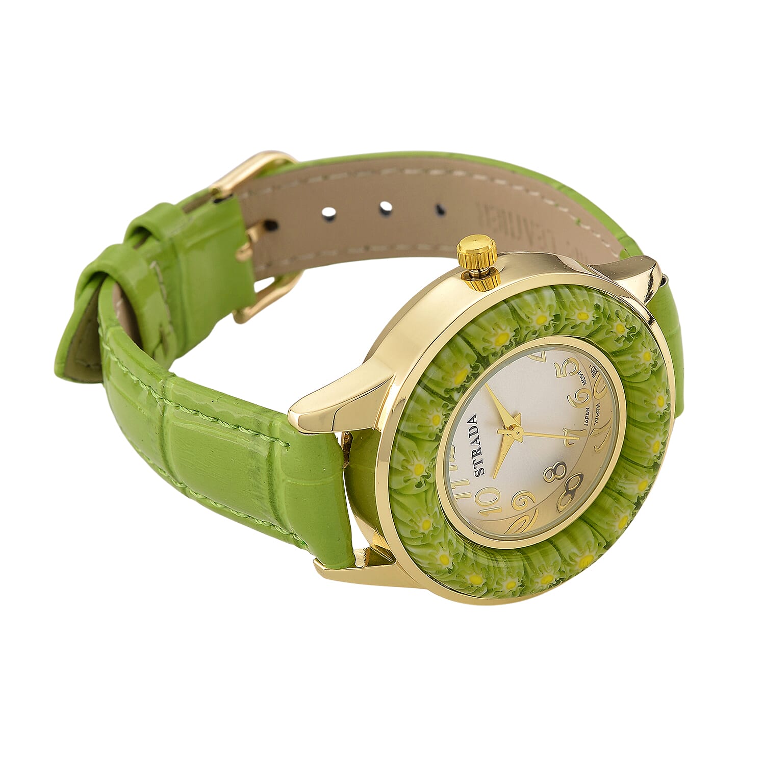 STRADA Murano Style Glass Ring PC21S Japanese Quartz Movt. Gold Plated Watch with White Dial and Green Leather Strap