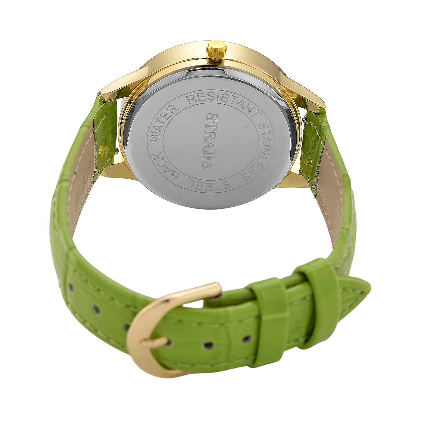 STRADA Murano Style Glass Ring PC21S Japanese Quartz Movt. Gold Plated Watch with White Dial and Green Leather Strap