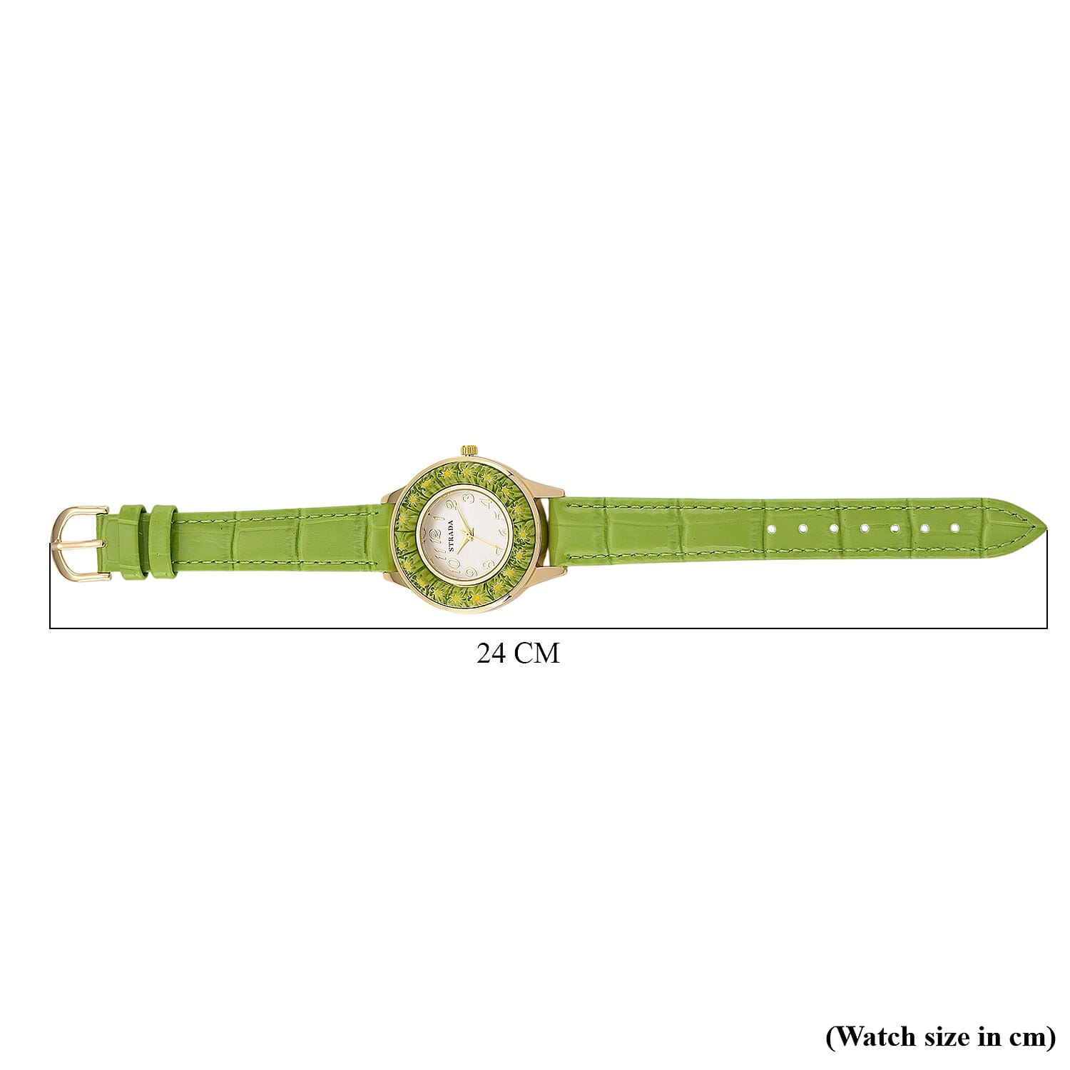 STRADA Murano Style Glass Ring PC21S Japanese Quartz Movt. Gold Plated Watch with White Dial and Green Leather Strap