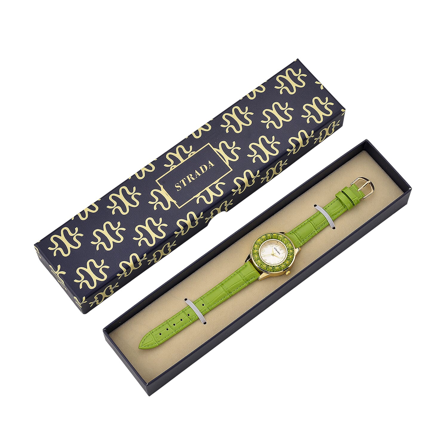 STRADA Murano Style Glass Ring PC21S Japanese Quartz Movt. Gold Plated Watch with White Dial and Green Leather Strap