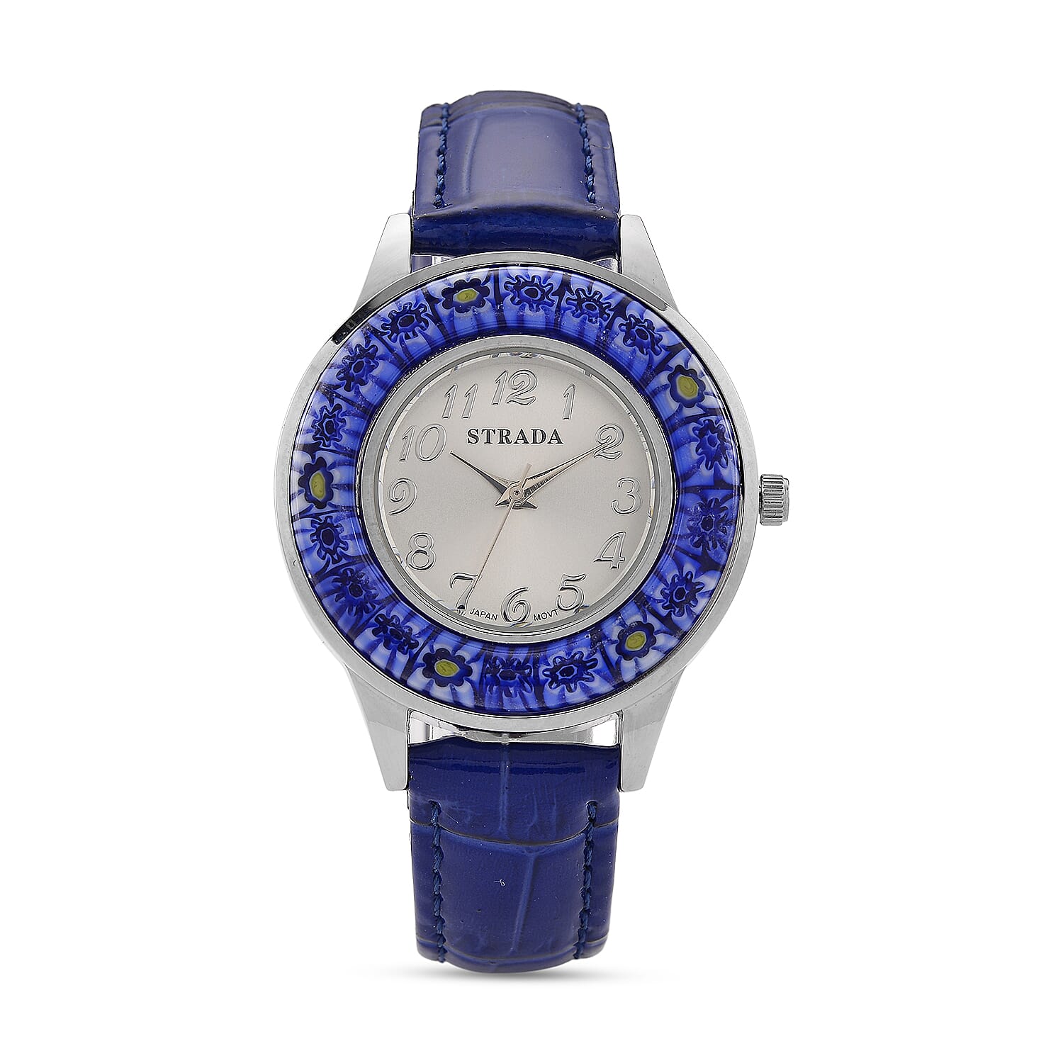 STRADA Murano Style Glass Ring PC21S Japanese Quartz Movt. Steel Plated Watch with White Dial and Blue Leather Strap