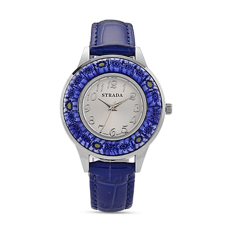 STRADA Murano Style Glass Ring PC21S Japanese Quartz Movt. Steel Plated Watch with White Dial and Blue Leather Strap