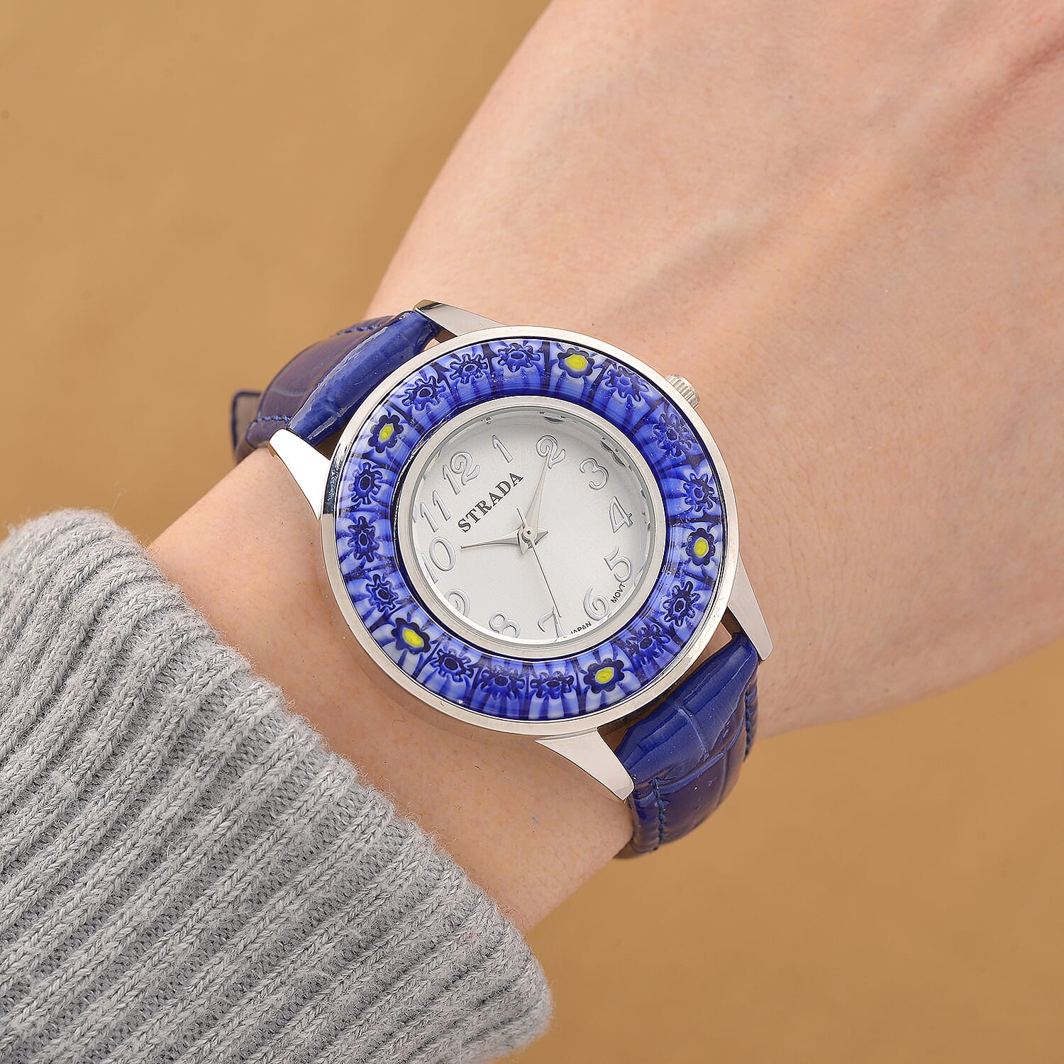 STRADA Murano Style Glass Ring PC21S Japanese Quartz Movt. Steel Plated Watch with White Dial and Blue Leather Strap