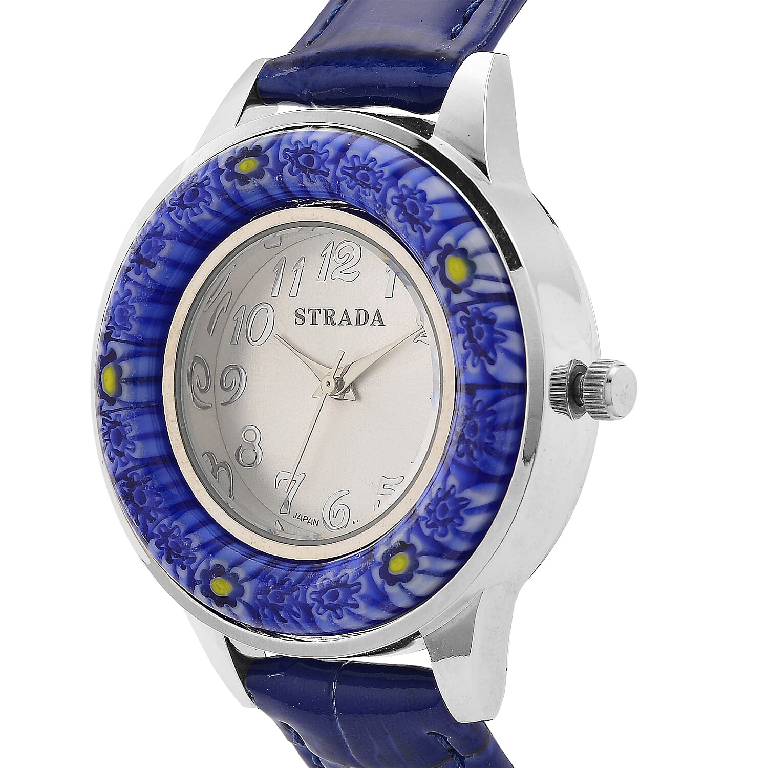 STRADA Murano Style Glass Ring PC21S Japanese Quartz Movt. Steel Plated Watch with White Dial and Blue Leather Strap