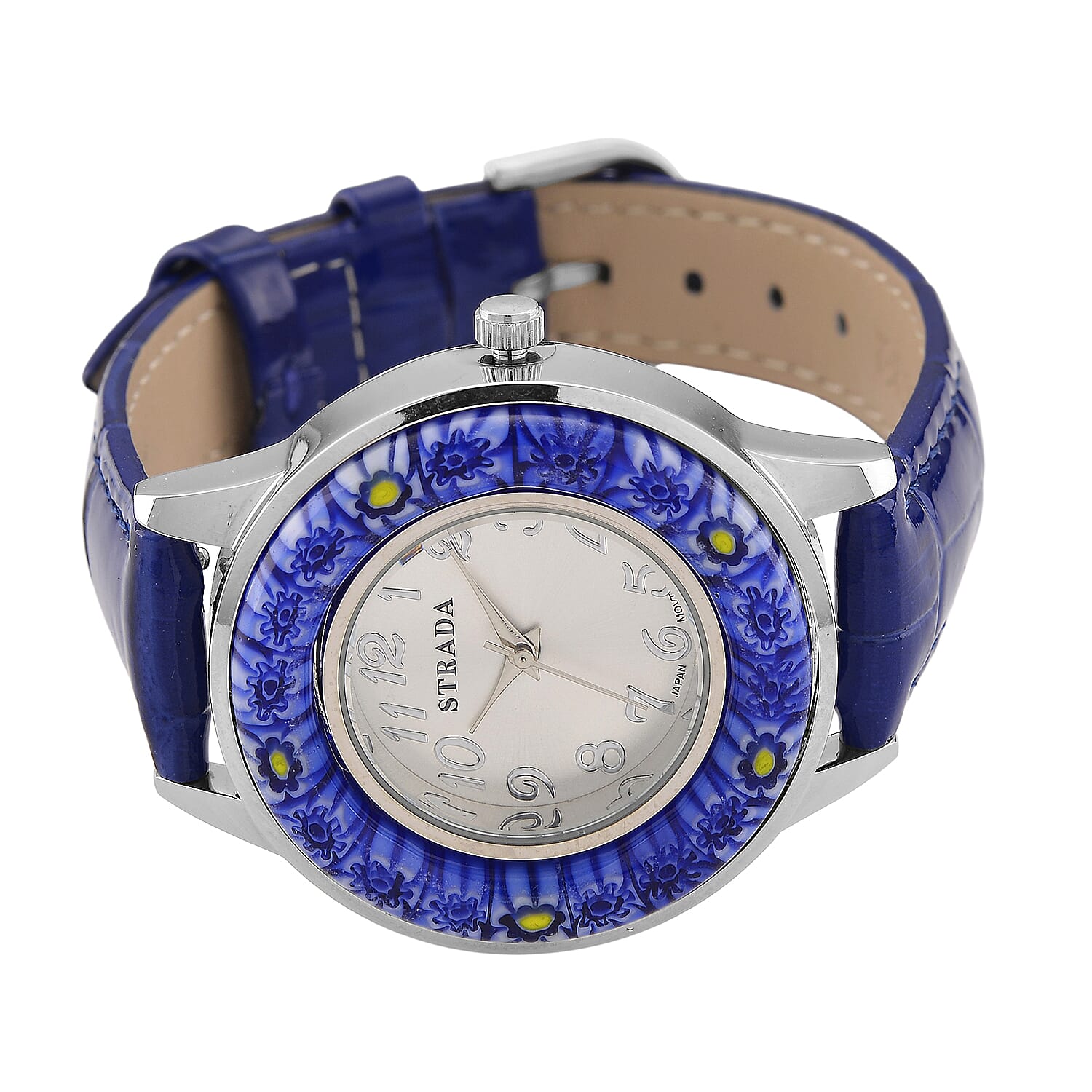 STRADA Murano Style Glass Ring PC21S Japanese Quartz Movt. Steel Plated Watch with White Dial and Blue Leather Strap