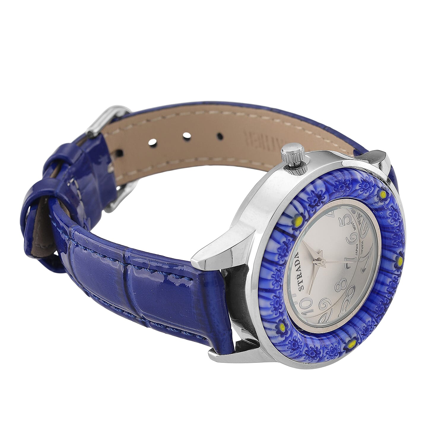 STRADA Murano Style Glass Ring PC21S Japanese Quartz Movt. Steel Plated Watch with White Dial and Blue Leather Strap