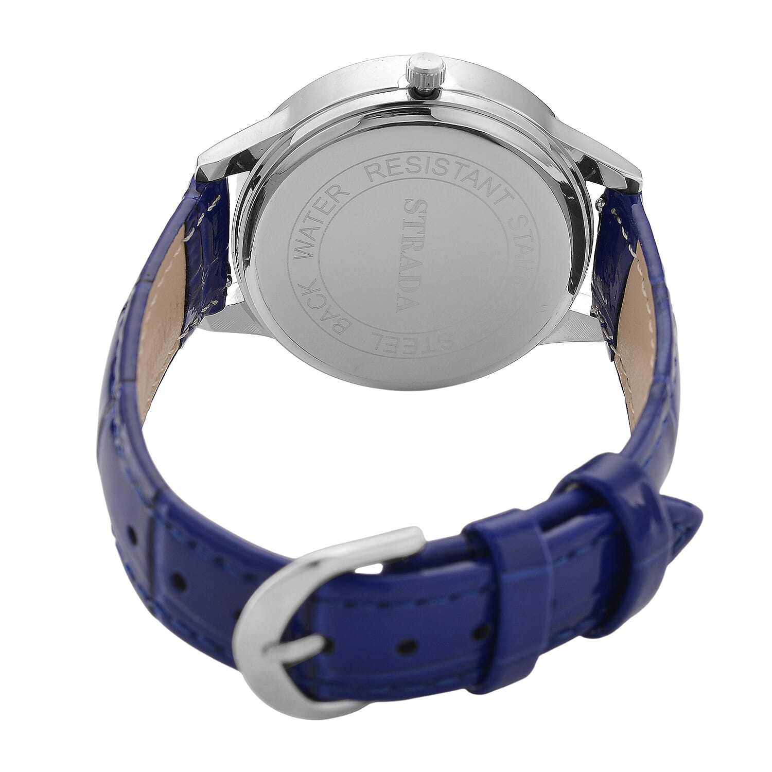 STRADA Murano Style Glass Ring PC21S Japanese Quartz Movt. Steel Plated Watch with White Dial and Blue Leather Strap