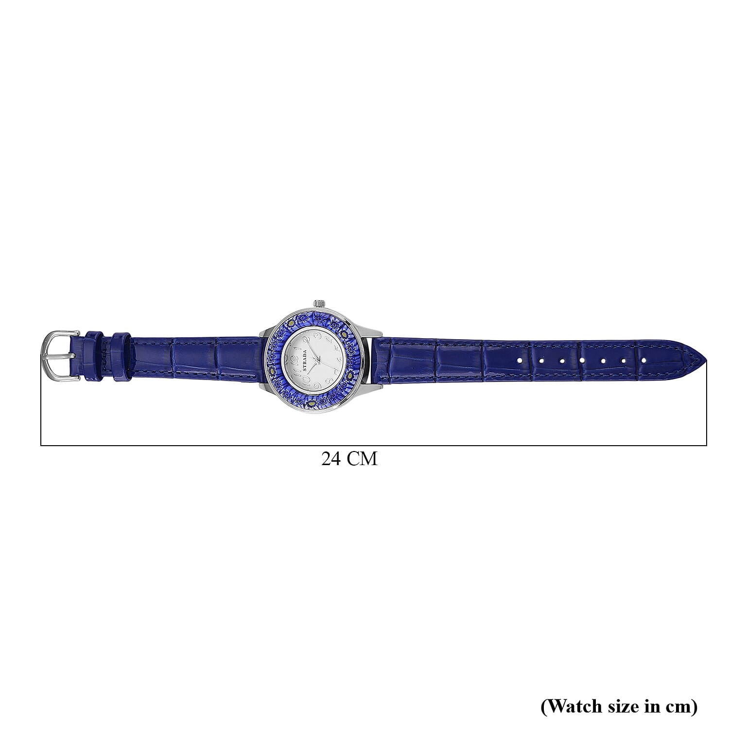 STRADA Murano Style Glass Ring PC21S Japanese Quartz Movt. Steel Plated Watch with White Dial and Blue Leather Strap
