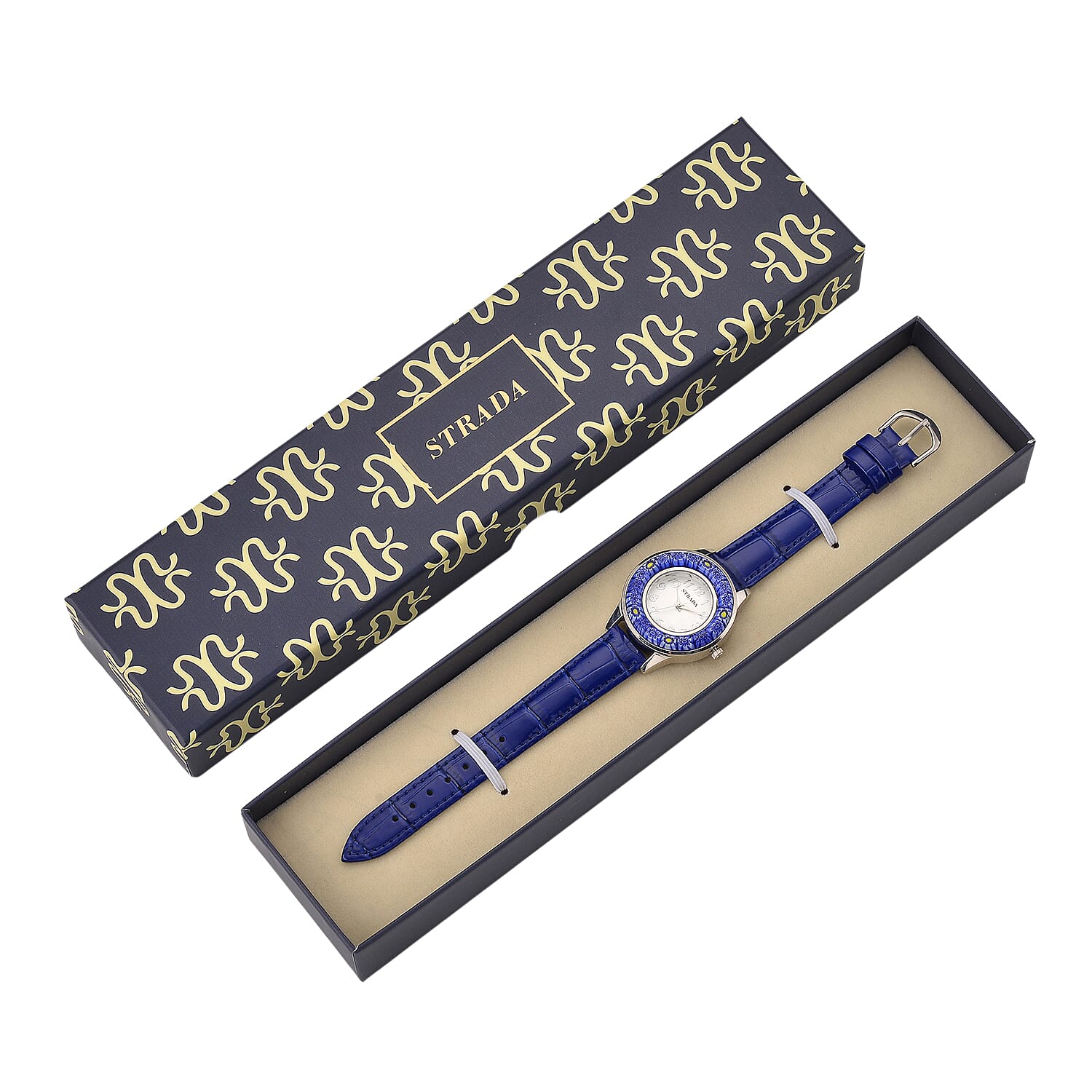 STRADA Murano Style Glass Ring PC21S Japanese Quartz Movt. Steel Plated Watch with White Dial and Blue Leather Strap