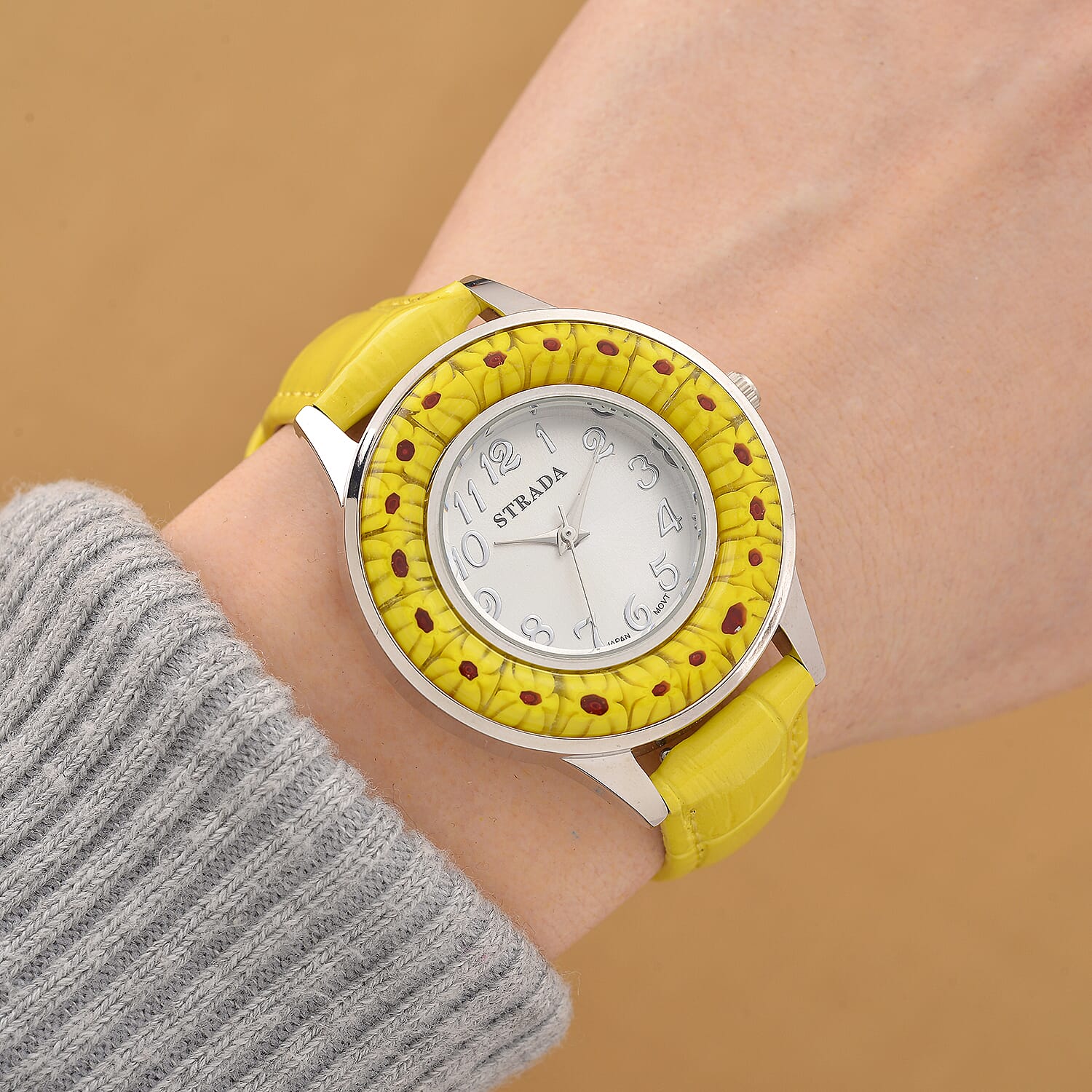 STRADA Murano Style Glass Ring PC21S Japanese Quartz Movt. Steel Plated Watch with White Dial and Yellow Leather Strap