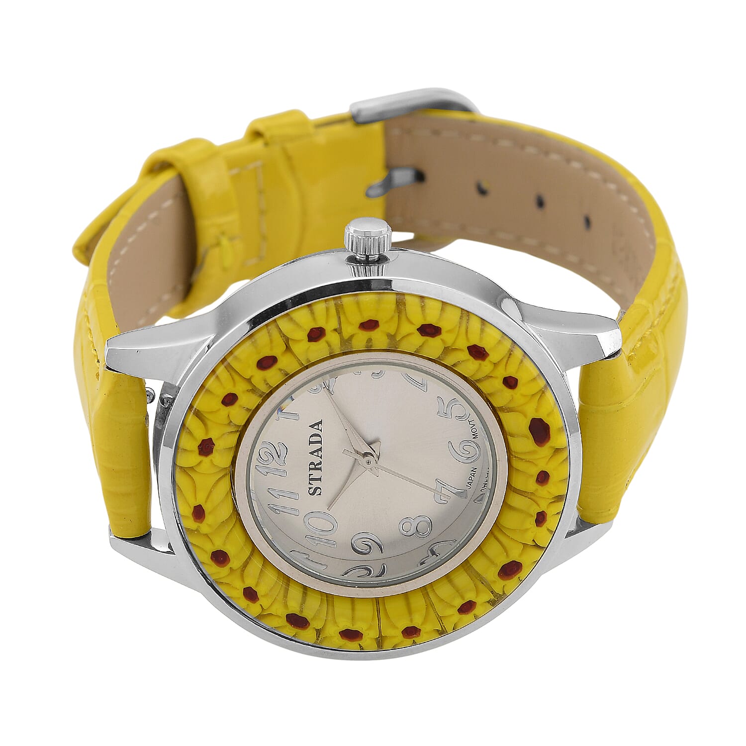 STRADA Murano Style Glass Ring PC21S Japanese Quartz Movt. Steel Plated Watch with White Dial and Yellow Leather Strap