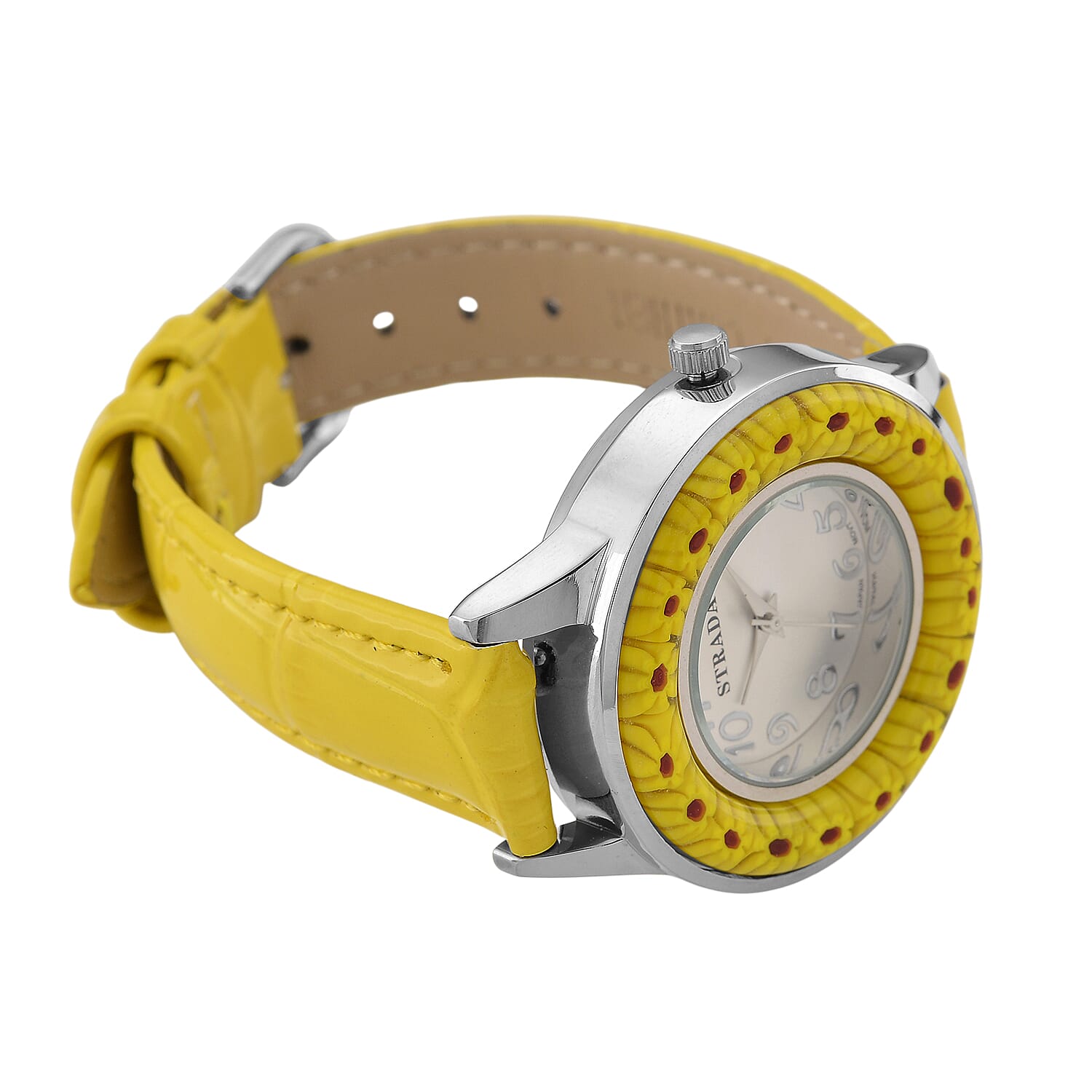 STRADA Murano Style Glass Ring PC21S Japanese Quartz Movt. Steel Plated Watch with White Dial and Yellow Leather Strap