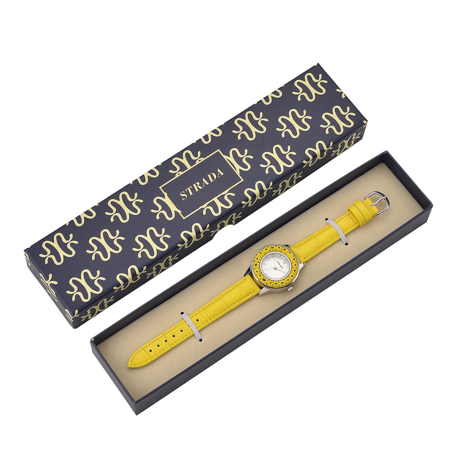 STRADA Murano Style Glass Ring PC21S Japanese Quartz Movt. Steel Plated Watch with White Dial and Yellow Leather Strap