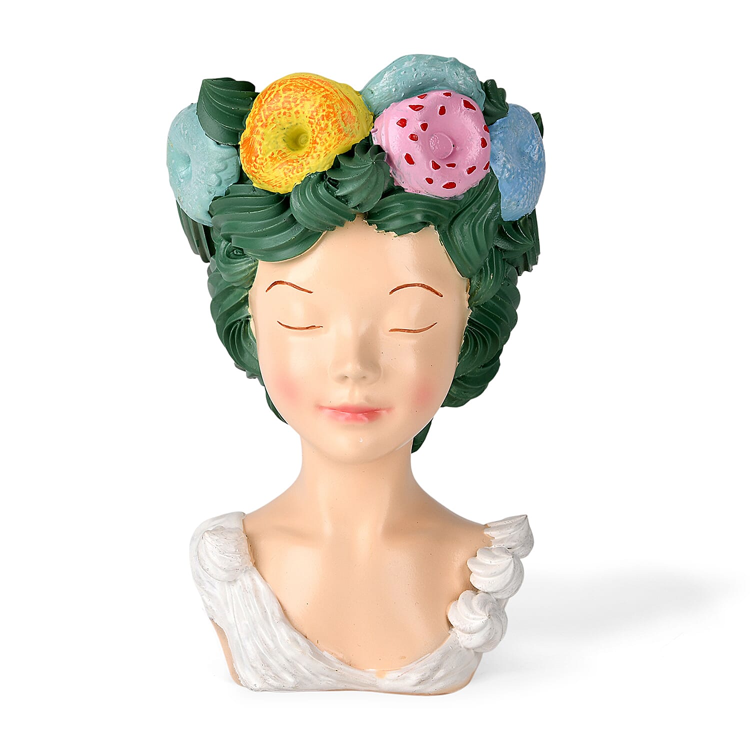 LIVMORE Lady Head Planter with Green Hair (15 x 15 x 25 cm).