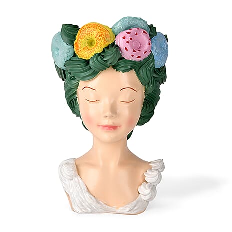 LIVMORE Lady Head Planter with Green Hair (15 x 15 x 25 cm).