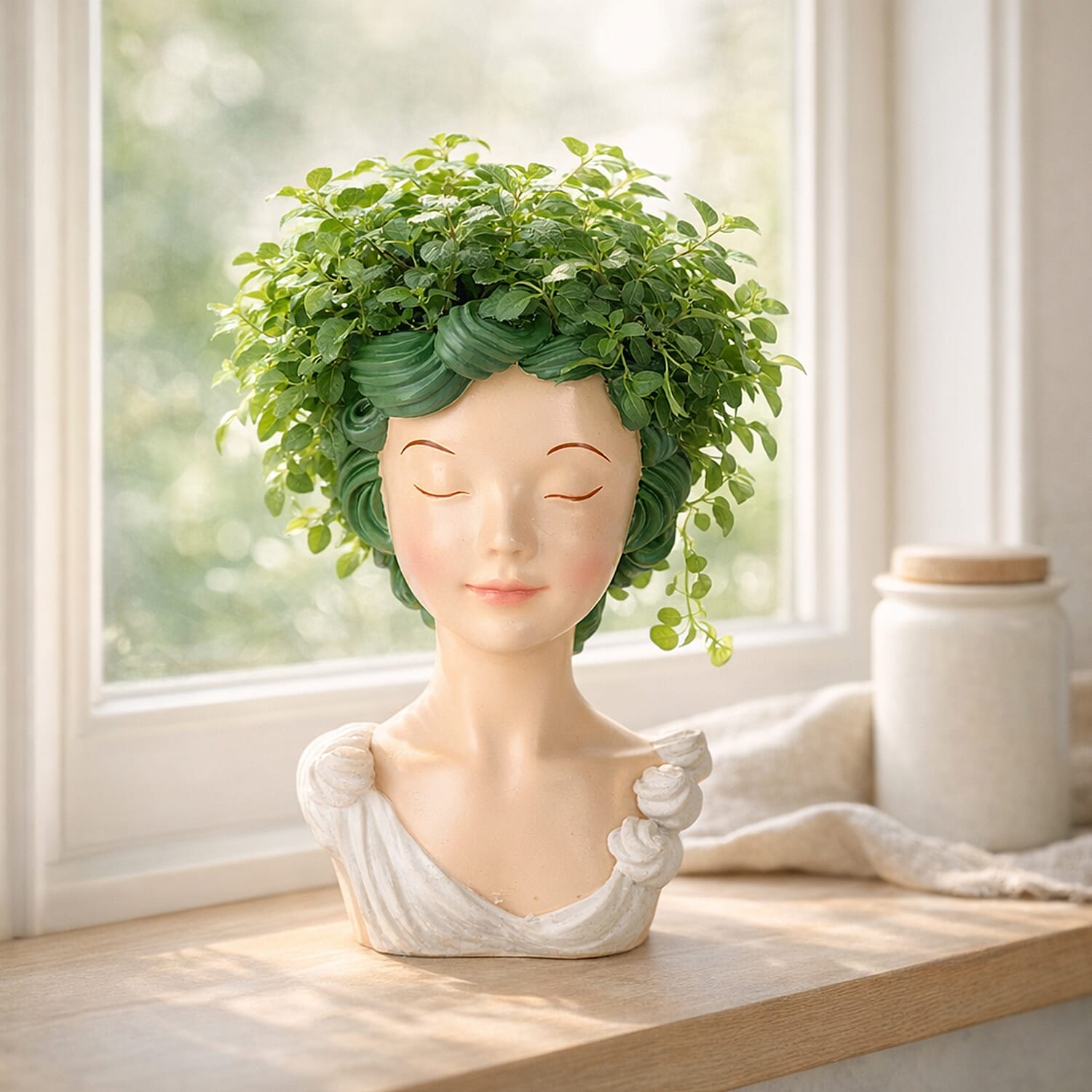 LIVMORE Lady Head Planter with Green Hair (15 x 15 x 25 cm).