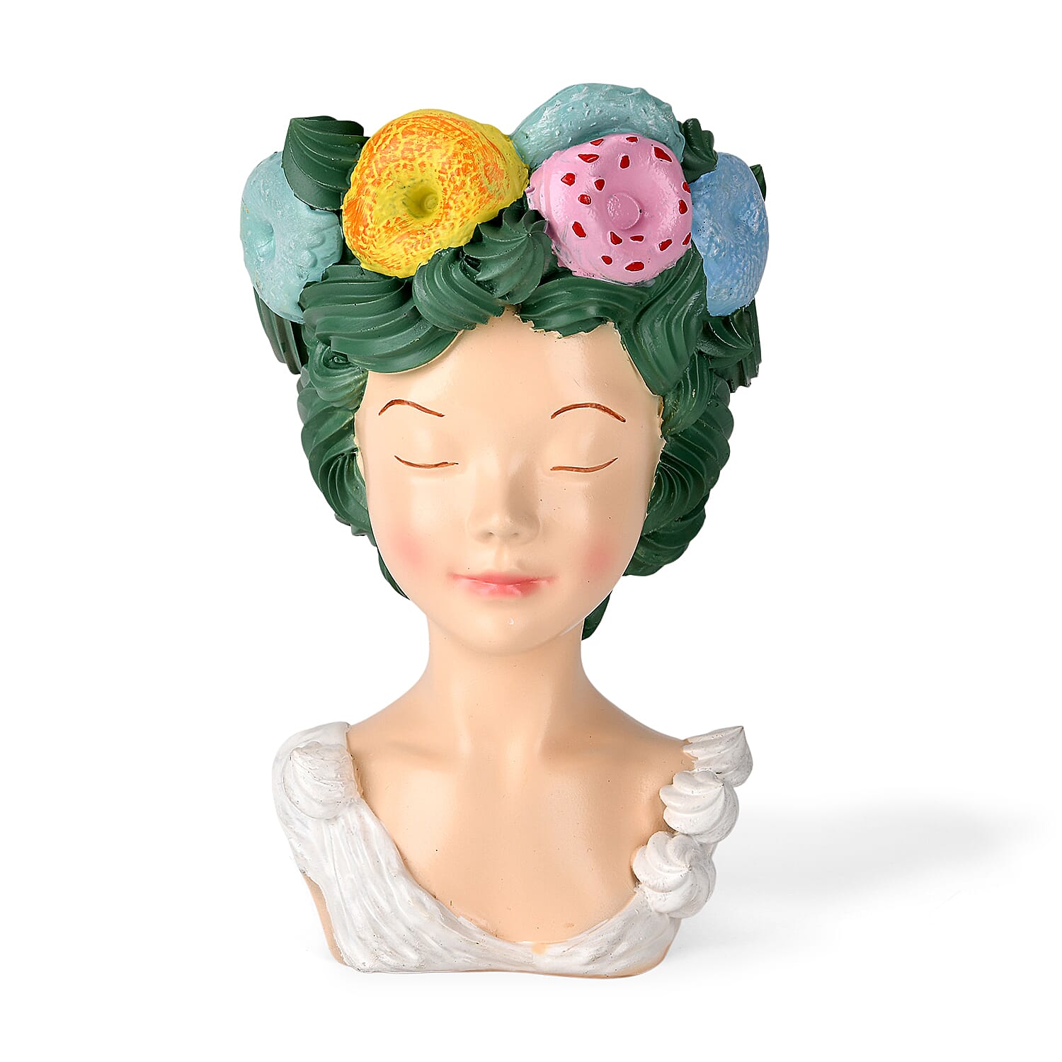 LIVMORE Lady Head Planter with Green Hair (15 x 15 x 25 cm).