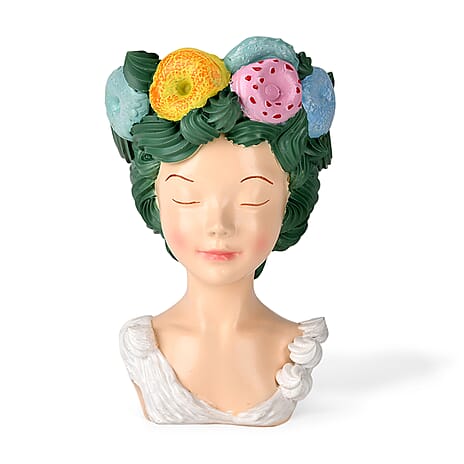 LIVMORE Lady Head Planter with Green Hair (15 x 15 x 25 cm).
