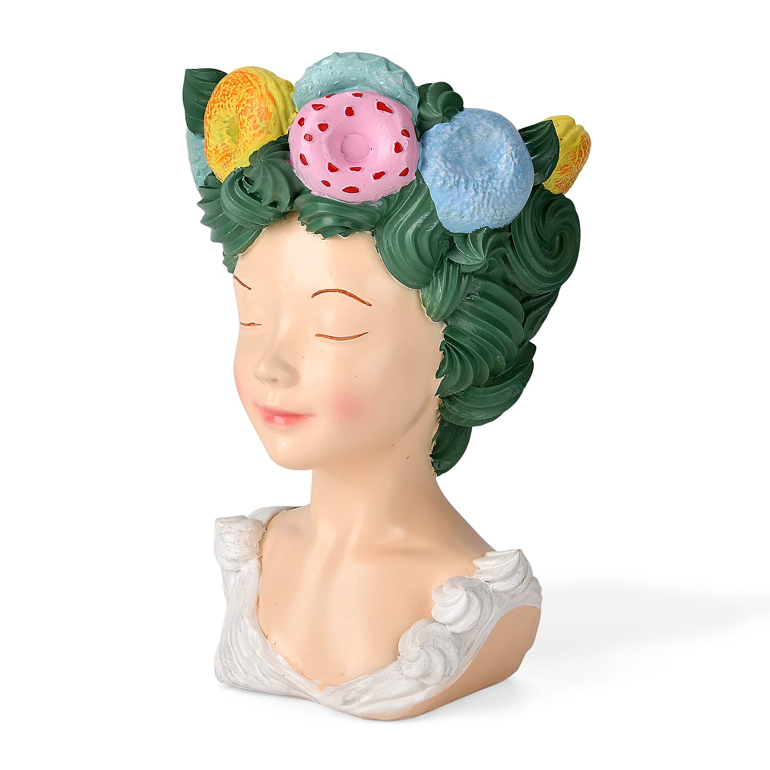 LIVMORE Lady Head Planter with Green Hair (15 x 15 x 25 cm).