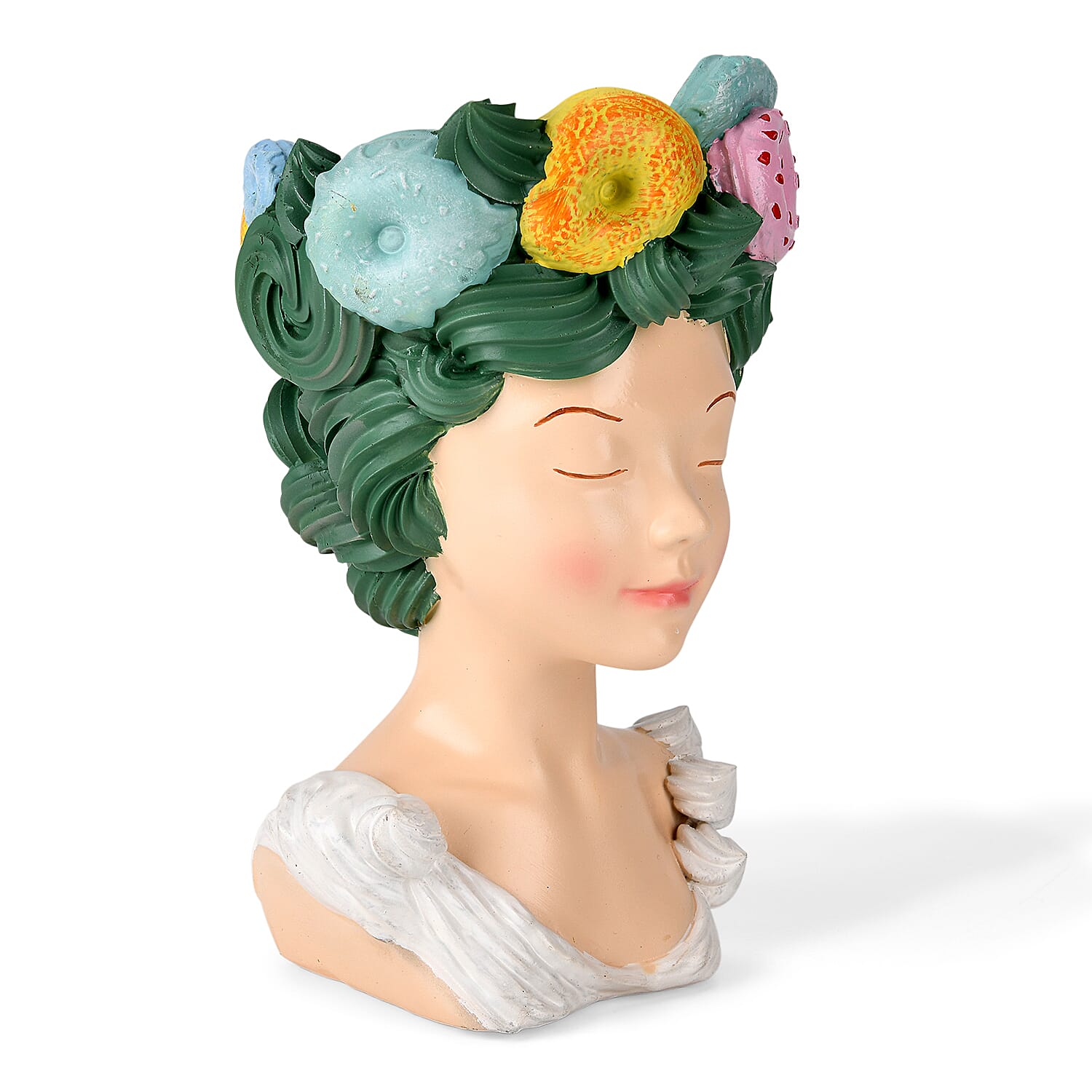LIVMORE Lady Head Planter with Green Hair (15 x 15 x 25 cm).