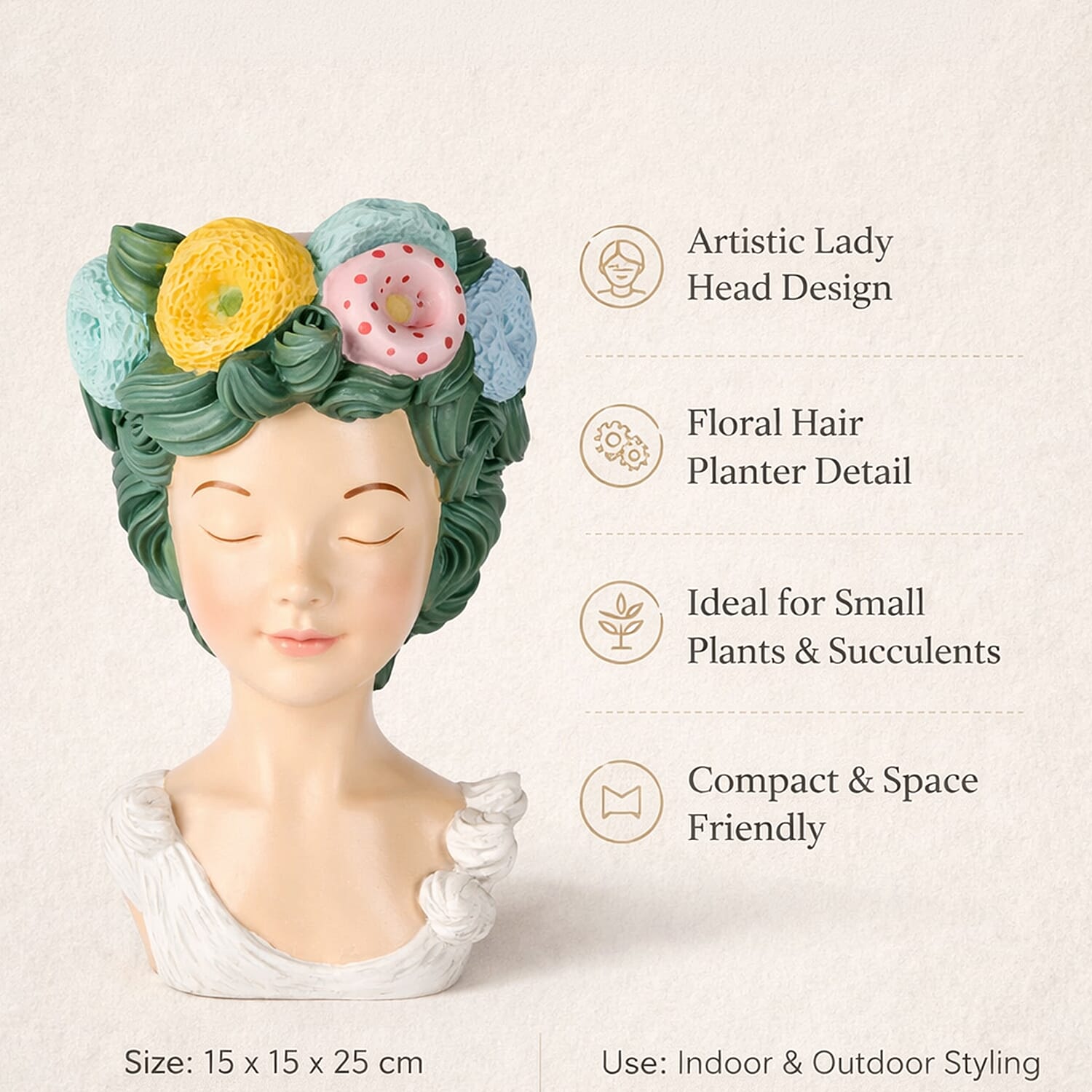 LIVMORE Lady Head Planter with Green Hair (15 x 15 x 25 cm).