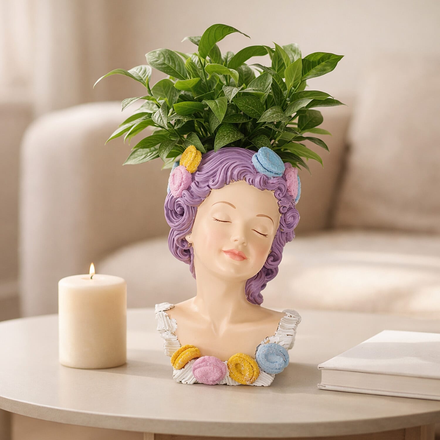 LIVMORE Lady Head Planter with Purple Hair (15 x 15 x 25 cm).