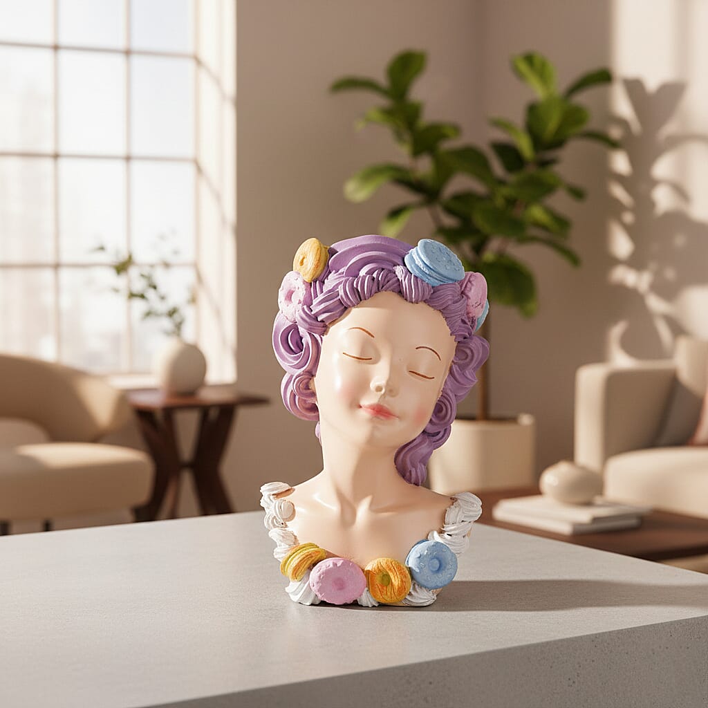 LIVMORE Lady Head Planter with Purple Hair (15 x 15 x 25 cm).