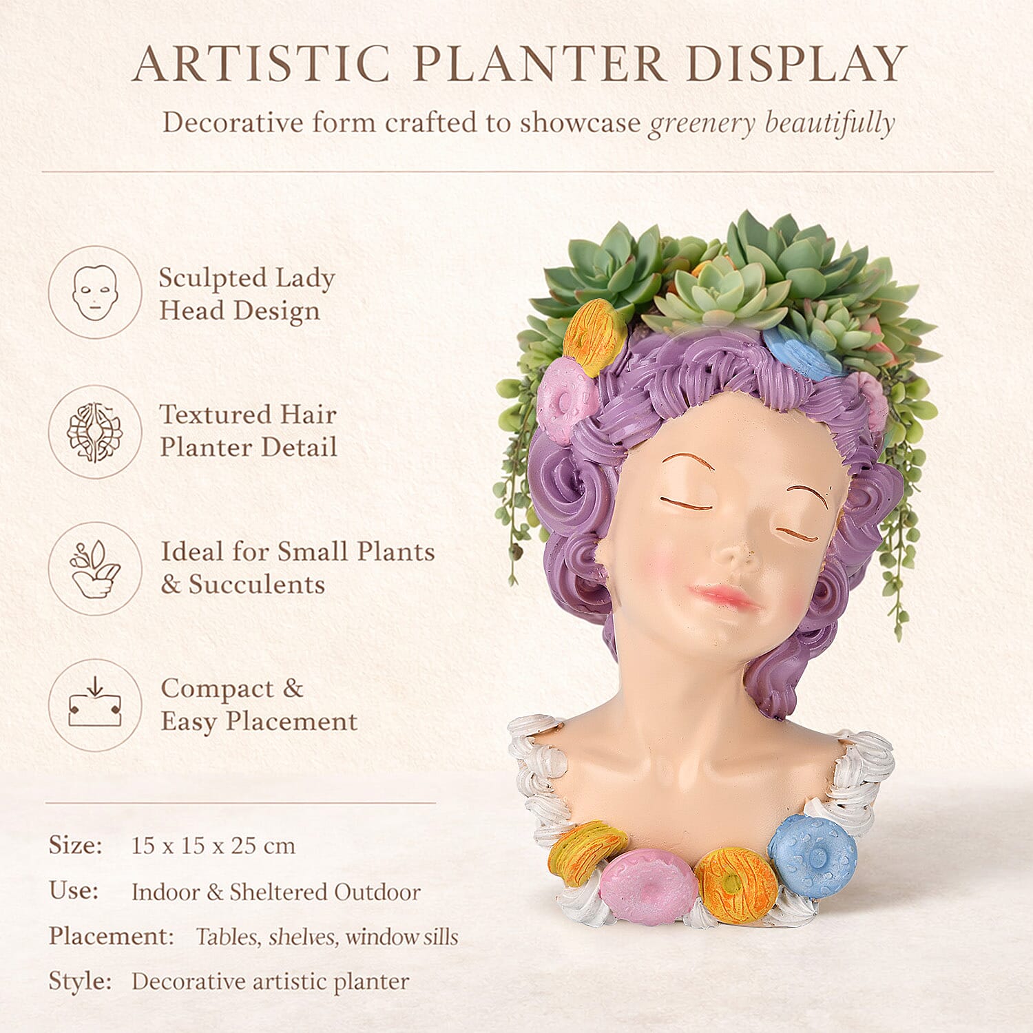 LIVMORE Lady Head Planter with Purple Hair (15 x 15 x 25 cm).