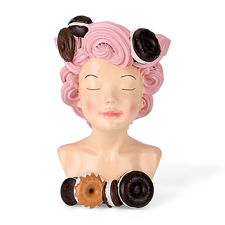 LIVMORE Lady Head Planter with Pink Hair (15 x 15 x 25 cm).