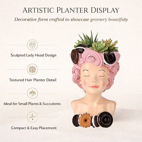LIVMORE Lady Head Planter with Pink Hair (15 x 15 x 25 cm).