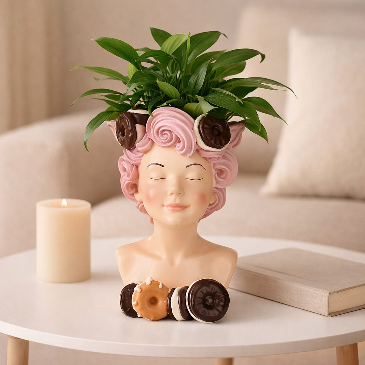 LIVMORE Lady Head Planter with Pink Hair (15 x 15 x 25 cm).