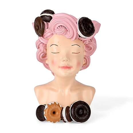 LIVMORE Lady Head Planter with Pink Hair (15 x 15 x 25 cm).
