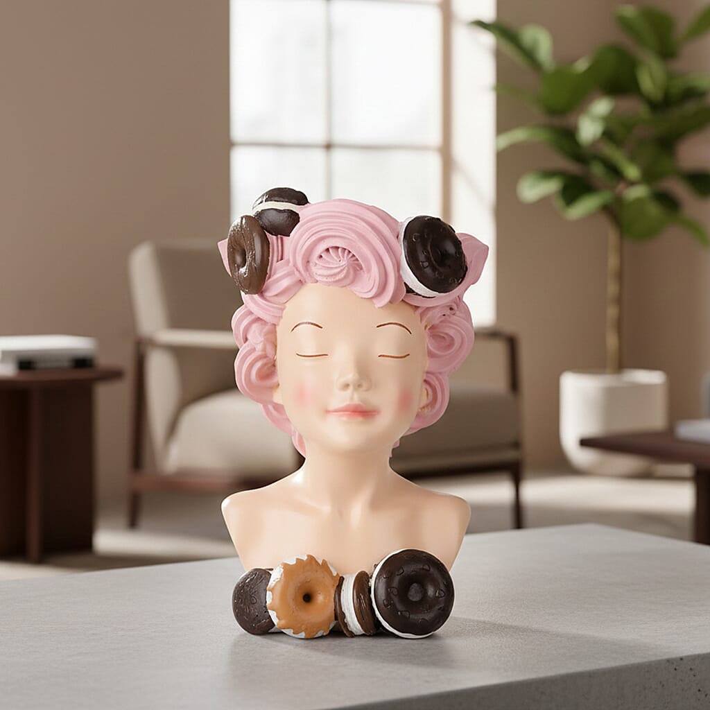 LIVMORE Lady Head Planter with Pink Hair (15 x 15 x 25 cm).