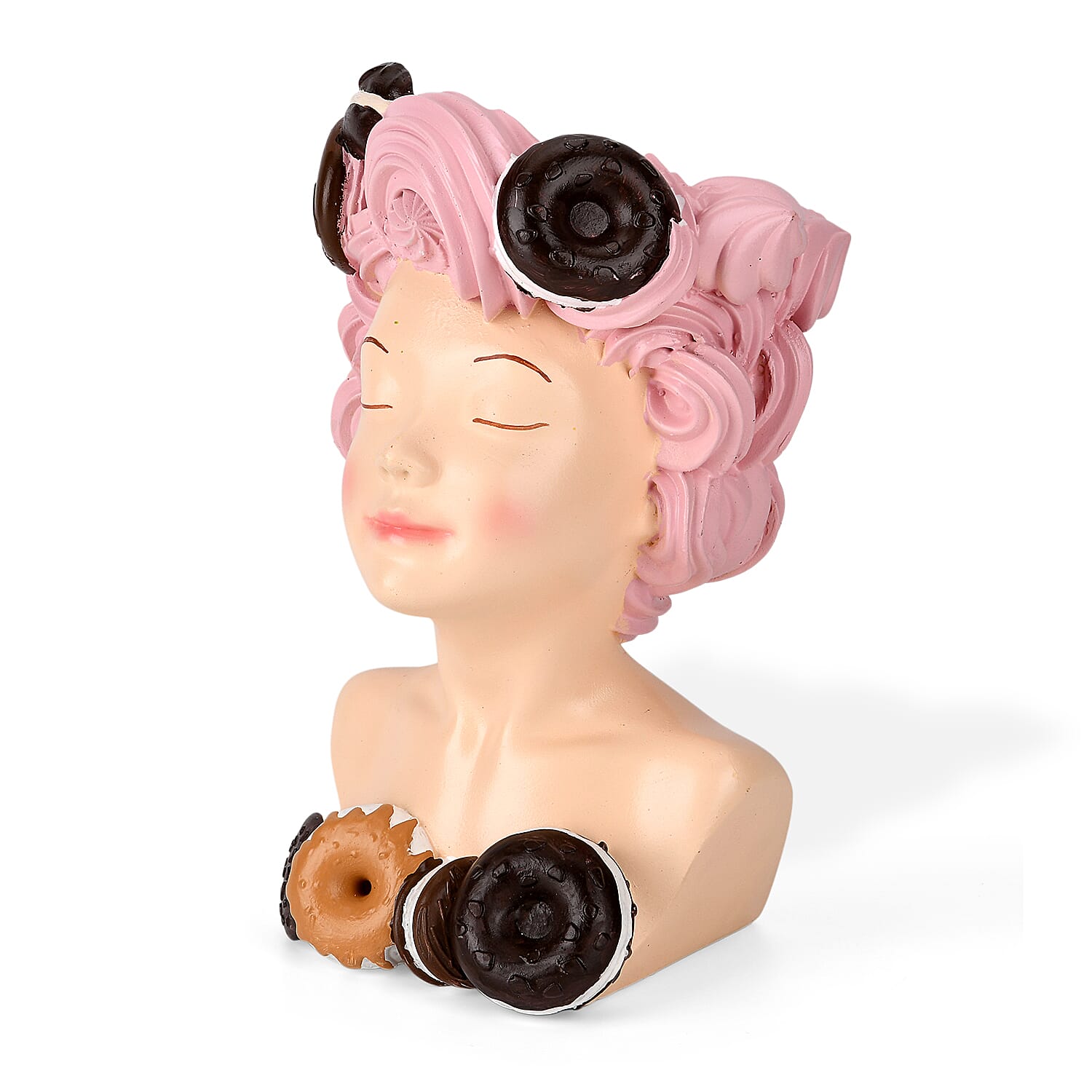 LIVMORE Lady Head Planter with Pink Hair (15 x 15 x 25 cm).