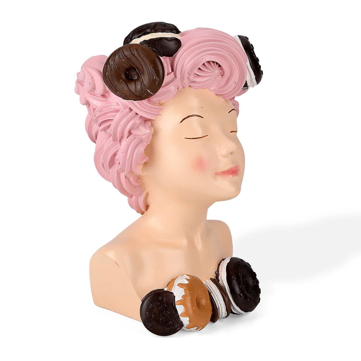 LIVMORE Lady Head Planter with Pink Hair (15 x 15 x 25 cm).