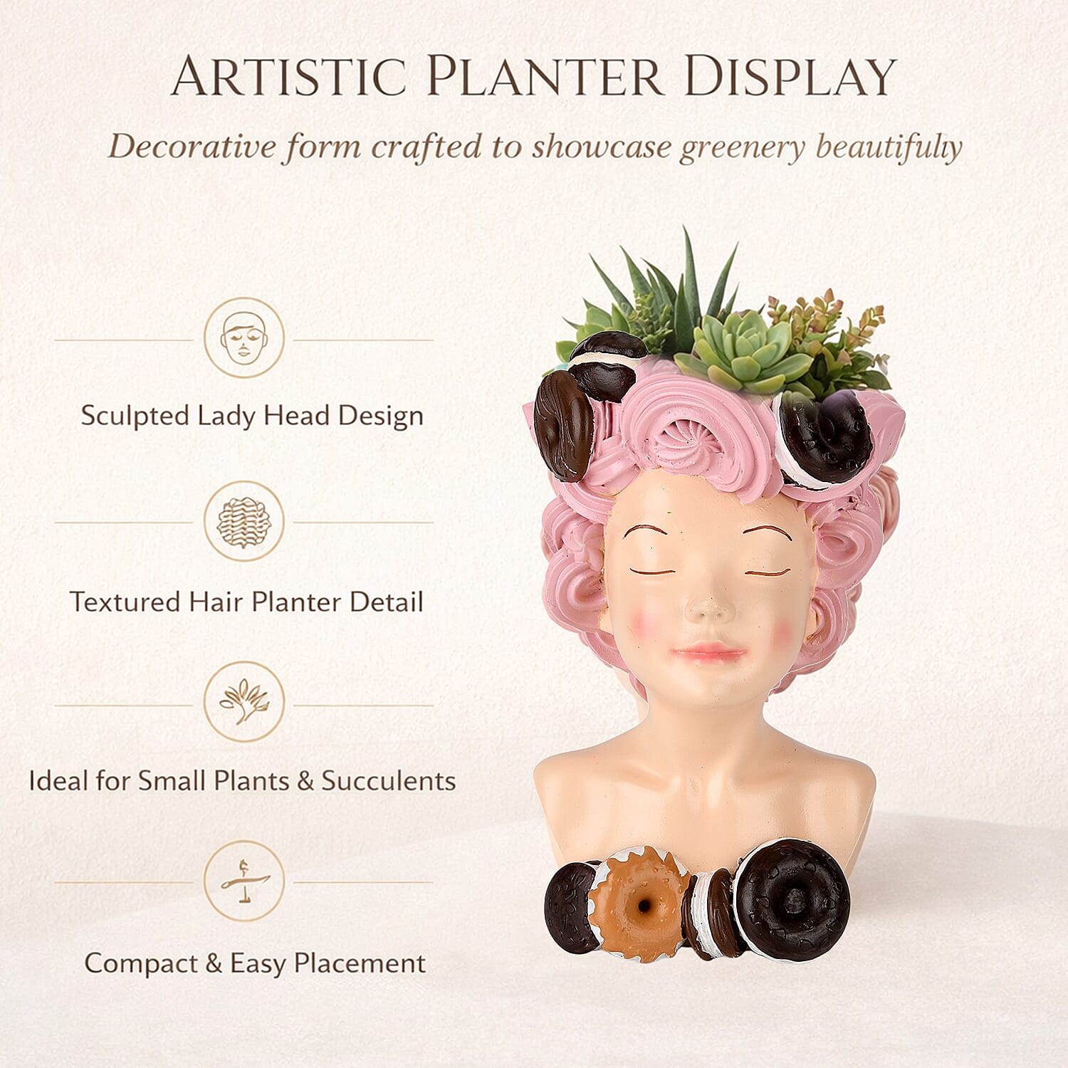 LIVMORE Lady Head Planter with Pink Hair (15 x 15 x 25 cm).