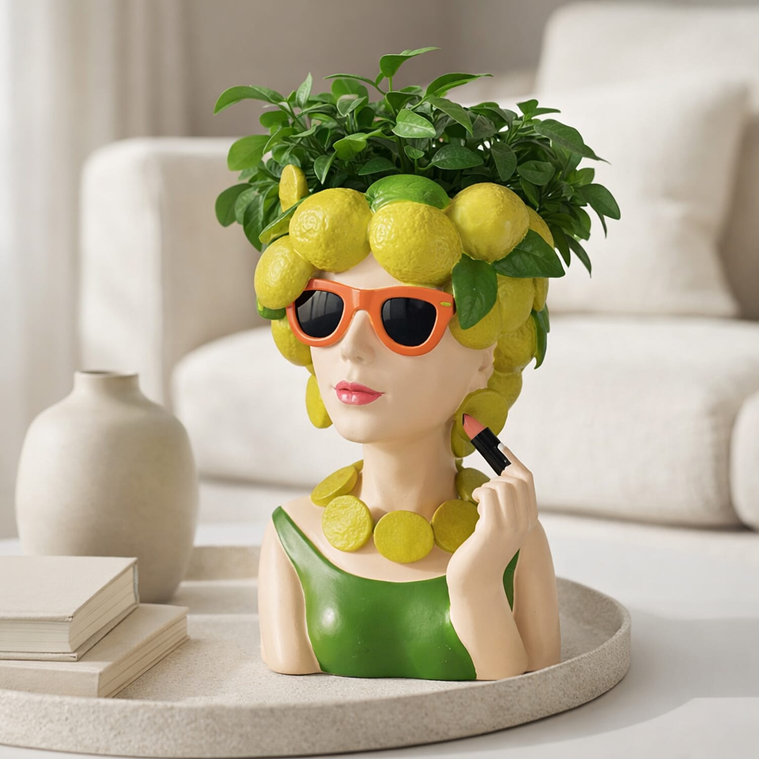 LIVMORE Lady Head Planter with Yellow Hair (15 x 15 x 25 cm)