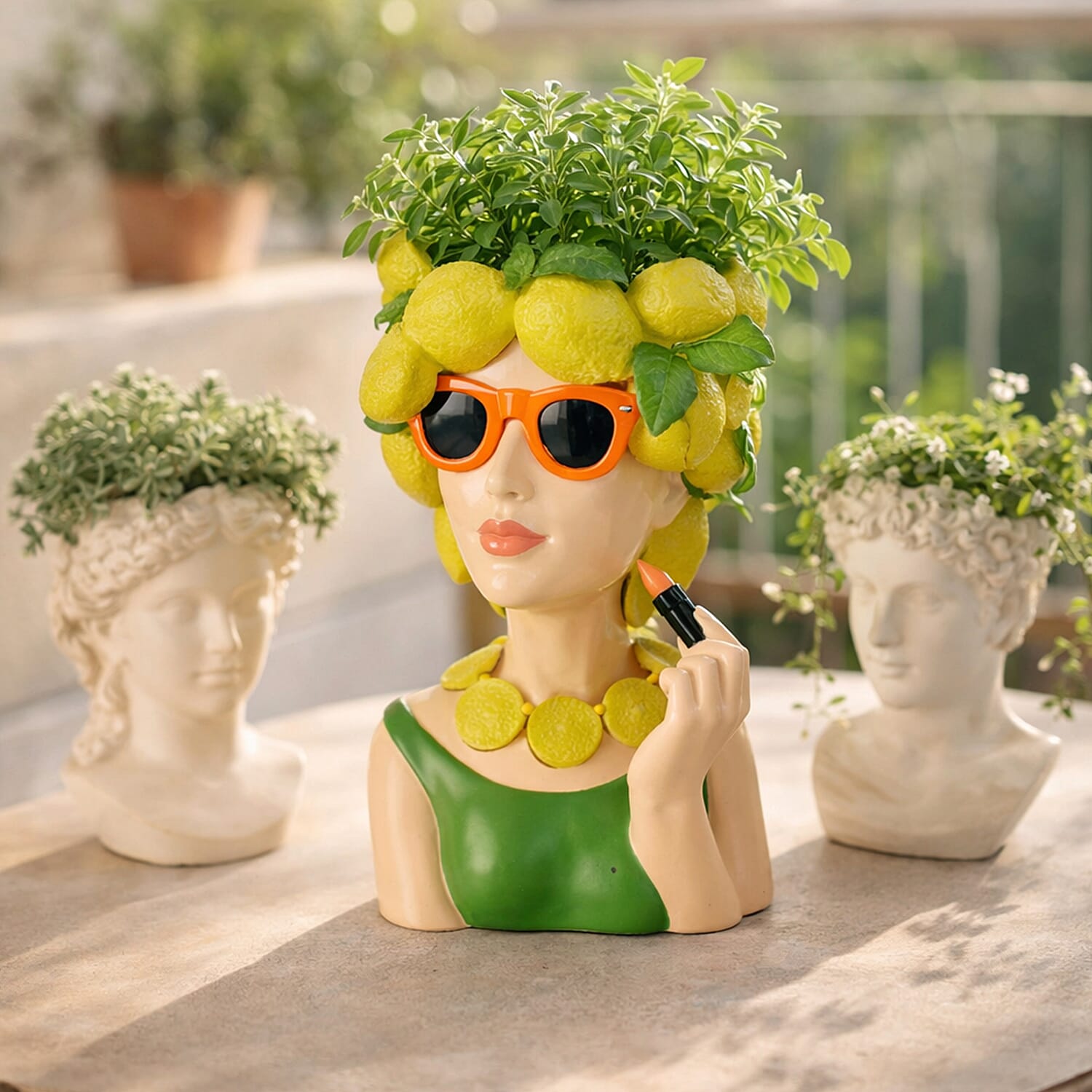 LIVMORE Lady Head Planter with Yellow Hair (15 x 15 x 25 cm)