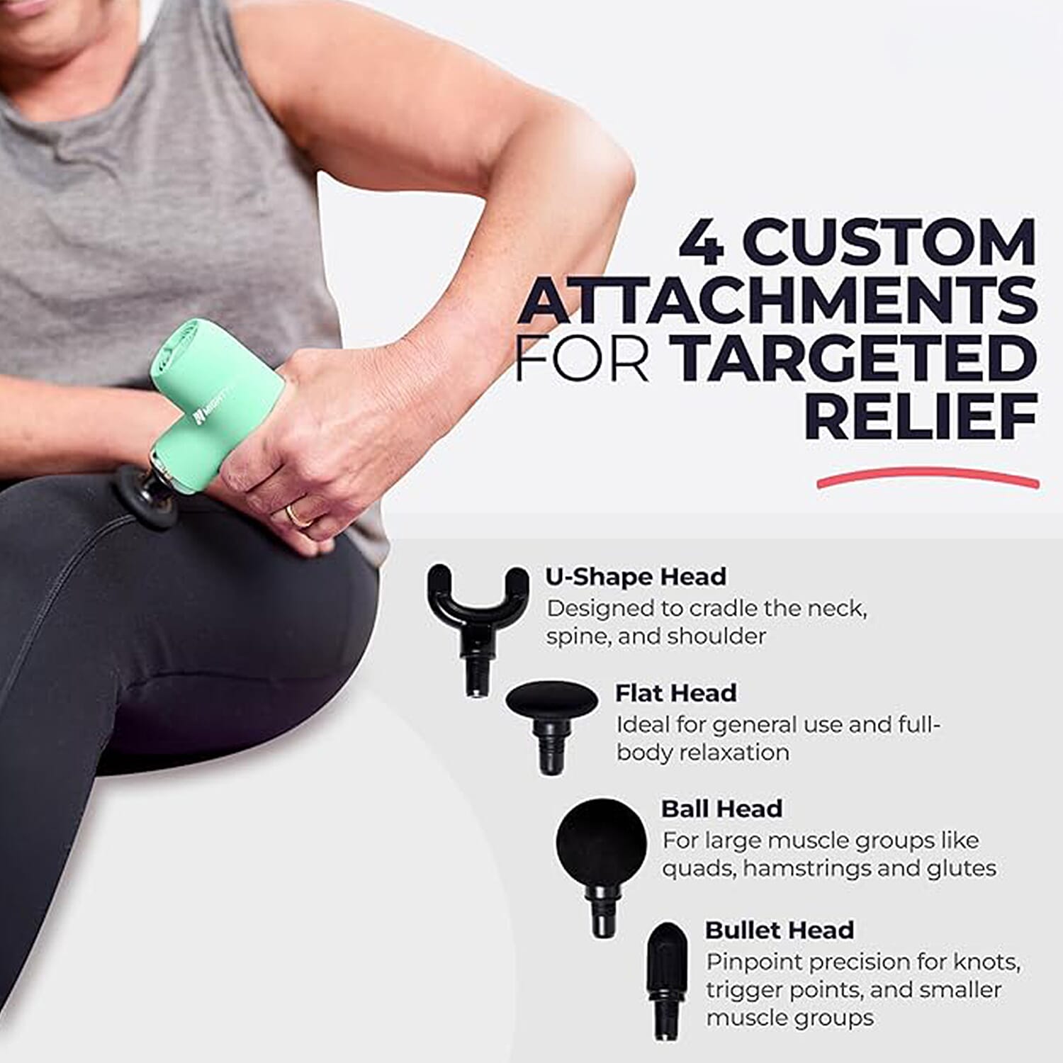 MightyMitts Portable Massage Gun for Deep Tissue Muscle Recovery with 4 Heads and 6 Speeds - Green