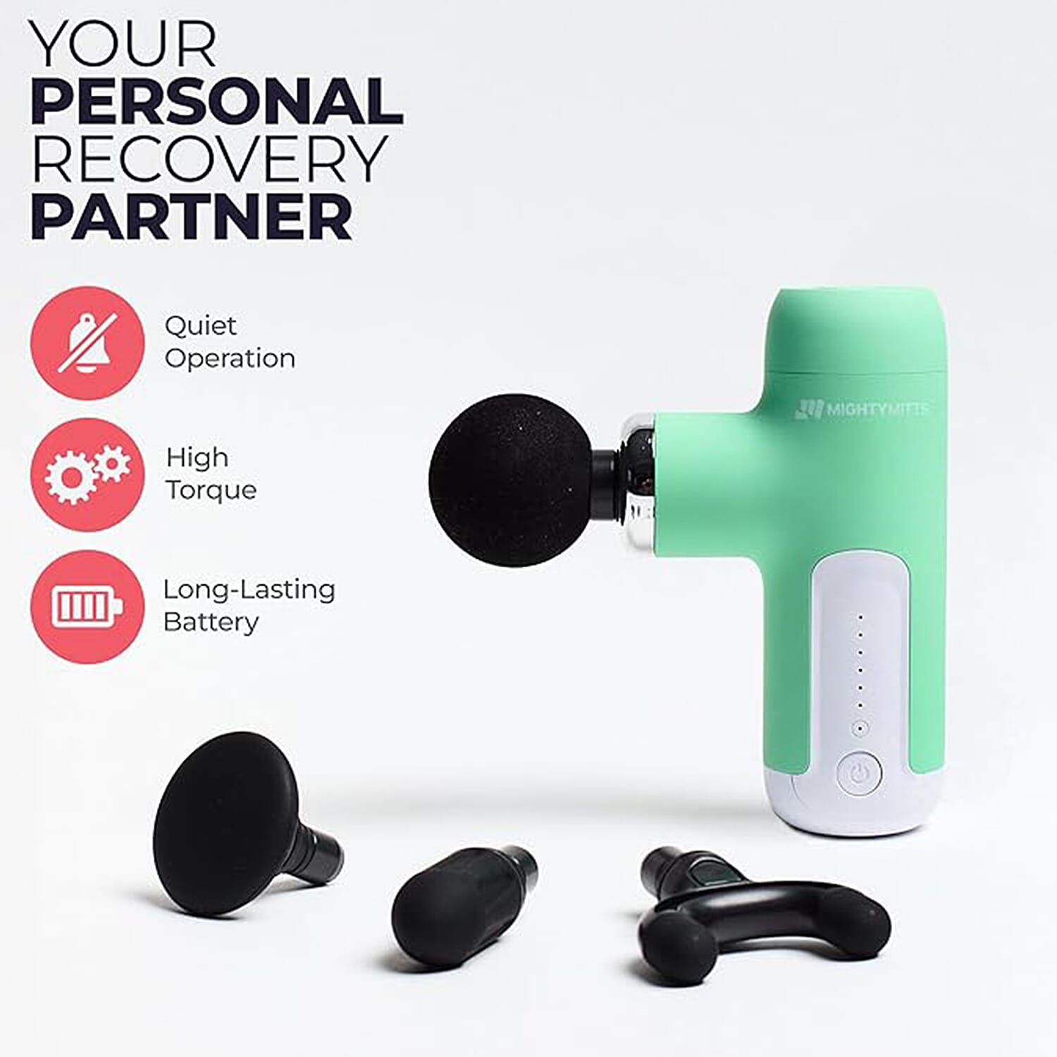 MightyMitts Portable Massage Gun for Deep Tissue Muscle Recovery with 4 Heads and 6 Speeds - Green
