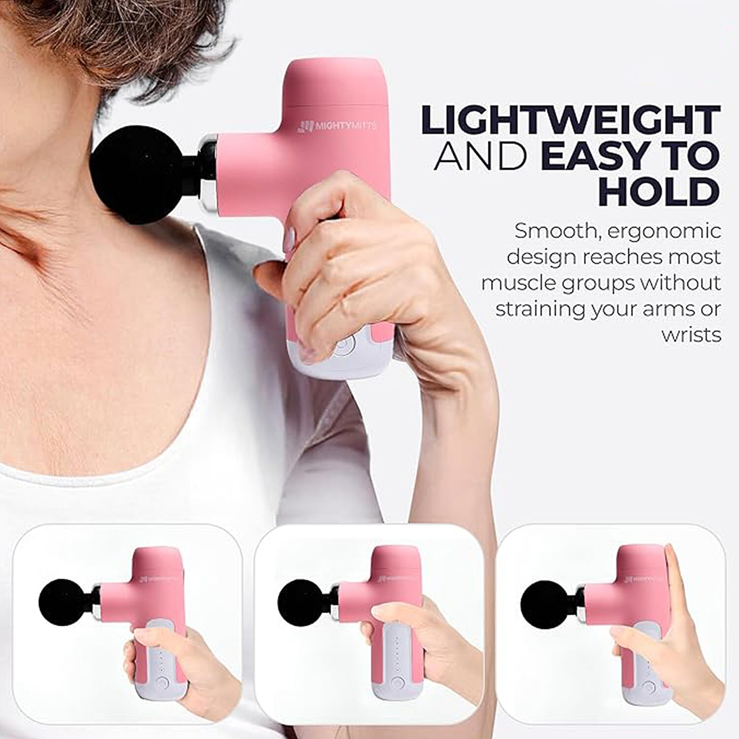 MightyMitts Portable Massage Gun for Deep Tissue Muscle Recovery with 4 Heads and 6 Speeds - Pink
